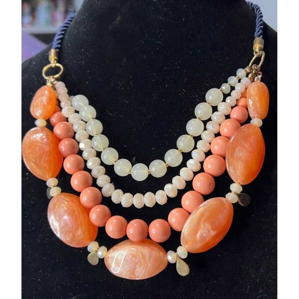 LOFT‎ HUGE Peach Orange Acrylic Beaded Multi Strand Statement Necklace Coastal